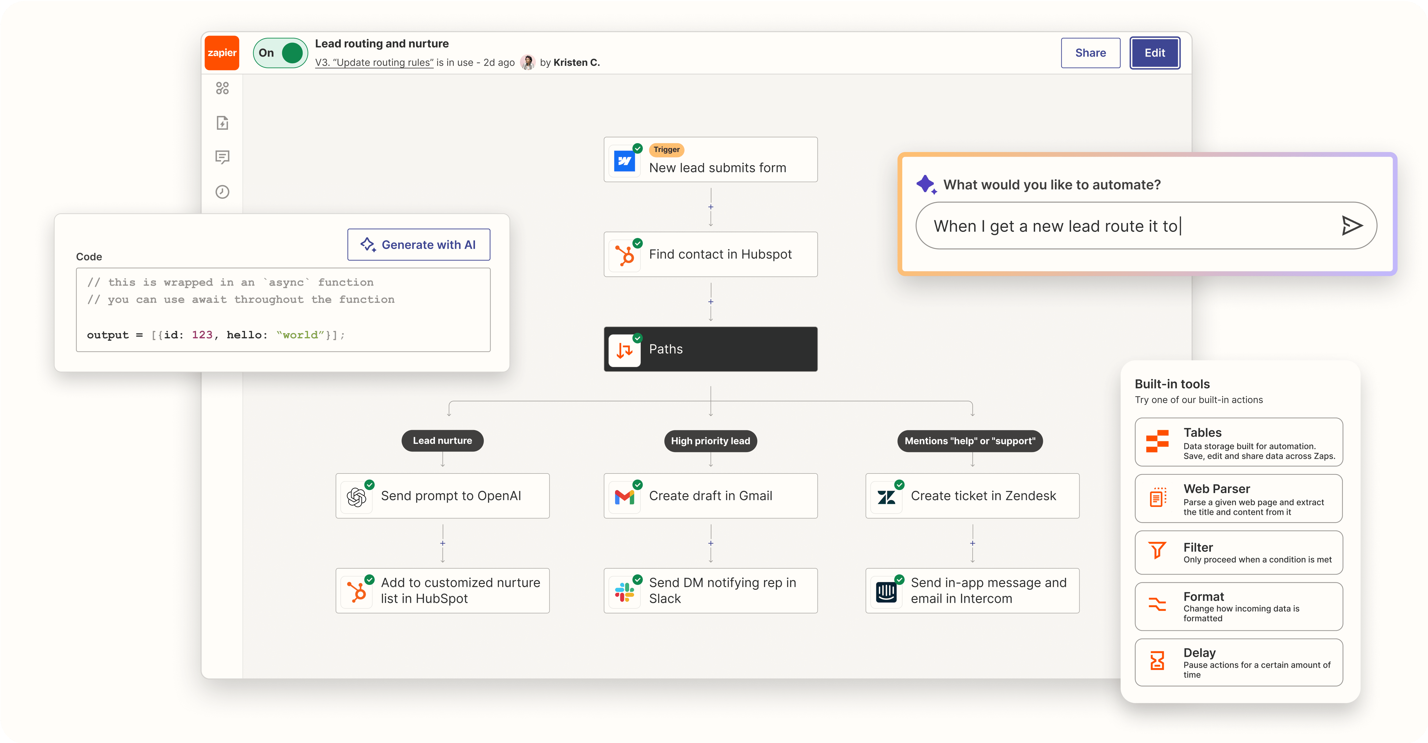 An interface of multi-step path workflow featuring Co-pilot, Built-in tools, and code step.