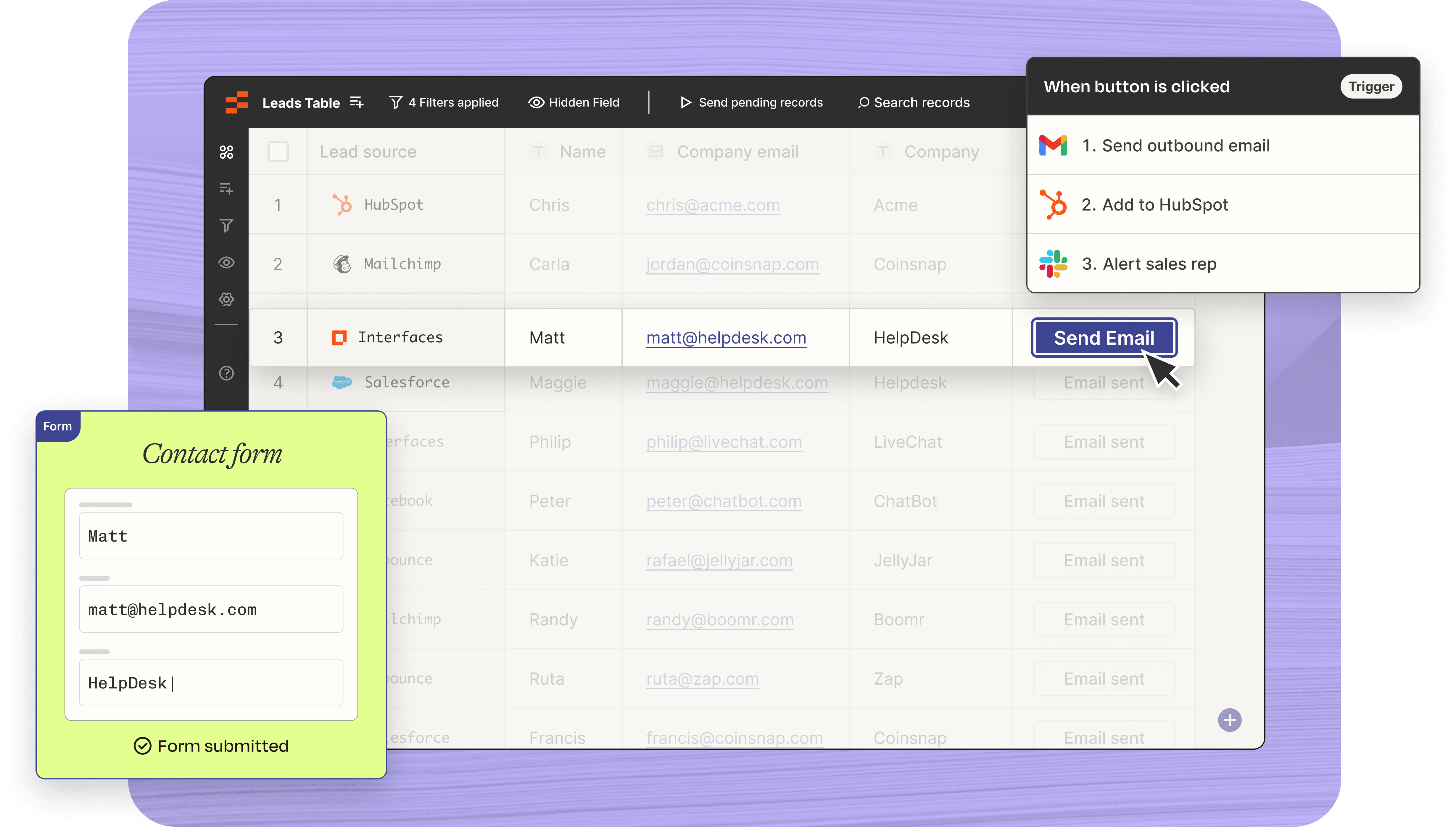 Table of leads integrated with a contact form and automations for sending an outbound email, adding contact to HubSpot, and notifying reps in Slack